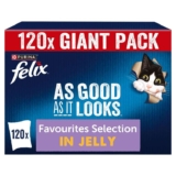 FELIX As Good As it Looks Adult Wet Cat Food Favourites Selection in Jelly Salmon, Tuna, Beef, Chicken 120 x 85g Pouches