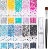 Face Glitter Festival with Glue for Body, Stage, Party, Makeup, Body Glitter Festival Accessories, Chunky Hair Glitter – Includes Gel Glue and Brush (10 Colors PowderSequinsStrips Mixed Series)