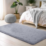 Fluffy Faux Fur Bedside Rug 60x110cm, Soft Shaggy Rugs for Bedroom, High Pile Rugs, Non Shedding Plush, Solid Colour Shaggy Rug for Living Room, Grey