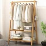 Foldable Wooden Clothes Rail, Pine Garment Rack with 2-Tier Storage Shelves Side Hooks, Free Standing Clothing Rack for Bedroom Hallway Entryway, 66/86/116x40x160cm
