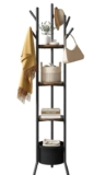 Freestanding Coat Stand with Hooks, 3 Wooden Shelves & Fabric Basket – Rustic Brown 169cm