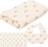 GSrenyu 3 Pack Baby Towels Newborn Large Muslin Cloths Blankets 100x100cm with Muslin Cloths and Adjustable Baby Bib Set, Swaddle Blanket 0-3 Months Essentials for Newborn