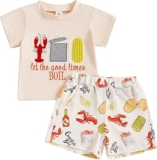 Geagodelia Baby Boy Summer Outfits Little Kids Boys Clothes Set Short Sleeve Lobster Corn Embroidery T-shirtElastic Shorts