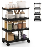 GiantexUK 4 Tier Service Cart, Slide-Out Kitchen Storage Trolley with Wheels and Hooks, Metal Frame Rolling Utility Shelving Organizer for Dining Living Room Office