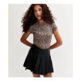 Girls Black Faux Leather Asymmetric Pleated School Skort