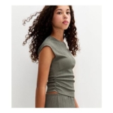Girls Khaki Textured Jersey Ruched Side Asymmetric Top