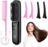 Go Brush Pro – Cordless Hair Straightener Brush Portable USB Rechargeable Heated Straightening Brush Mini Hot Comb for Hair Styling Fast Heating Smoothing Brush for Travel & Everyday Use – Black