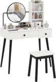 HOMCOM Dressing Table Set with Mirror and Stool, Vanity Makeup Table with 3 Drawers and Open Shelves for Bedroom, Living Room, White
