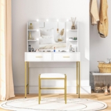 HOMCOM Dressing Table with Lighted Mirror, Cushioned Stool, Drawers, Shelves, LED Makeup Vanity Desk Set, Modern Dresser Vanity Table for Bedroom, White