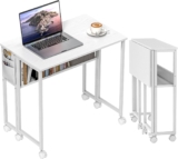 HOMCOM Folding Desk with Storage Shelf and Bag, 80 cm Foldable Computer Desk for Small Spaces, Space Saving Writing Table on Wheels for Home Office, Bedroom, Easy Assembly, White