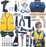 HOTUT Kids Construction Set – 53 Pcs Pretend Play With Electronic Drill Belt, Builder Vest and Tool Box for Boys Girls Ages 3-7