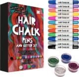 Hair Chalk Pens and Glitter – 12 Chalks and 4 Glitters – Deluxe Set of Colour Crayons – Birthday Rainbow Gift Present