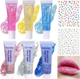 Hair Glitter, 3 Pcs Hair Glitter Gel, 3 Pcs Pearlescent Tinted Lip Oil and 2 Sheets Stick on Gems, Sparkling Festival Party Lotion Glitters for Face, Body, Nail DIY Art, Parties