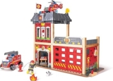 Hape Sustainable Wood Toy Large Fire Station Playset With Battery-Powered Alarms, Fire Fighter, Rescue Dog And Helicopter. 3 years