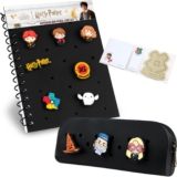 Harry Potter Customisable A5 Notebook and Zipped Pencil Case Stationery Set with Chibi Character Pins Sticky Notes Hogwarts School Supplies, Gifts for Kids