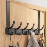 Heavy Duty Over Door Hook, Aluminum Rust-Proof Over Door Hanger with 6 Hooks for Coats, Towels, Keys and Bag Storage, No Drilling, Space Saving for Bathroom, Bedroom, Wardrobe (Black)