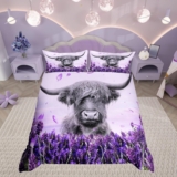 Highland Cow Duvet Cover,Lavender Flower Comforter Cover Set Single Size,Bull Cattle Bedding Set,Western Animal Quilt Cover,Wildlife Farmhouse Cow Bedding Collection For Kids Boys Girls Bedroom Decor