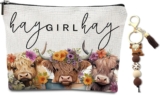 Highland Cow Gifts for Women, 2Pcs Highland Cow Makeup Bag and Keychain Set, Animal Lovers Cosmetic Bag for Women Girls Travel and Daily Use