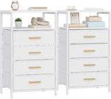 Hzuaneri Bedside Table Set of 2, Side End Table with 4 Fabric Storage Drawers, Bedside Cabinet with Open Storage Shelf, Nightstand for Bedroom, Livingroom, Office, White UKNS40813W