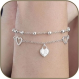 Initial Bracelet for Women Girls S925 Sterling Silver Letter A-Z Heart Pendant Layered Bracelet Christmas Birthday Gifts for Girls Daughter Sister Friends Jewellery
