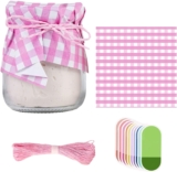 Jam Jar Decoration Kit 50 Gingham Paper Doilies 100 Smiley Self Adhesive Labels 30m Twine Complete Fresh Cottage Style Set for Homemade Jam Preserves Canning Accessories Gifts (Pink)