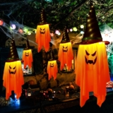 Jsdoin Halloween Decorations Hanging Ghost Lighted Flying Ghost Grim Reaper Skull Chains Glowing Ghost White Ghost Wizard Hat for Garden Yard Halloween Party Tree Door Lawn Party Supplies (Yellow)