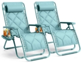KEPLIN – 2 XXL Premium Heavy Duty Quilted Zero Gravity Chairs – Garden Recliners, Headrest, Cup & Phone Holder, Foldable Sun Loungers (Mint)