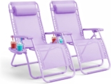 KEPLIN Set of 2 Heavy Duty Zero Gravity Chairs Padded Garden Recliners with Locking System, 160 Recline, Adjustable Pillow, Removable Tray with Cup & Phone Holders, 110kg Capacity (Lilac)