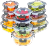 KUMD 24-Piece Set (12-Pack) Borosilicate Glass Food Storage Containers with Upgraded Detachable Locking Lids – Round, Square & Rectangular Meal Prep Boxes, Microwave/Oven Safe
