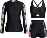 Kate Kasin Womens Floral Printed Swimwear 3 Piece Rash Guard Zipper Shirts Boyshort Sun Protection Water Sports Tankini Set for Surfing Swimming Black-red Blue Floral L