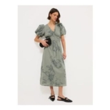 Khaki Floral Puff Sleeve Midi Dress