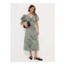 Khaki Floral Puff Sleeve Midi Dress