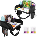Kids Travel Tray, Travel Tray for Kids Car Seat, Toddler Car Seat Lap Tray, Carseat Tray for Kids Travel, Carseat Table Tray for Kids Travel Activities (Black-2Pcs)