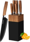 Kitchen Knife Set – 5 Piece Knife Set with Block, Wood Grain Handle, Stainless Steel Knivese with Chef, Bread, Slicer, Paring Knife for Cutting Meat/Vegetables/Fruit.