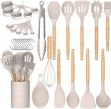 Kitchen Non Stick Cooking Utensils Set 24pcs Silicone Kitchen Utensils Set with Spatula, Utensil Holder and Measuring Spoons, Heat Resistant, Kitchen Tools & Accessories, Wooden Handle-Khaki