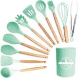 Kitchen Utensil Set, 12 PCS Silicone Cooking Utensils Set with Wooden Handle, Heat Resistant, Nonstick Cookware Tongs Spatula Spoon Set, Dishwasher Safe(Color:Green)