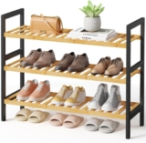 Kitsure Bamboo Shoe Rack 3-Tier Bamboo Wooden Shoe Rack with Built-in Handle, Easy Assembly Shoe Storage for Entryway, Closet or Bedroom (70 65 25 cm, Natural/Black)