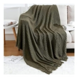 Knitted Throw Blanket, Dark Green Textured, Tassels, 50×60 In, Lightweight