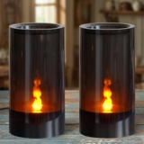 LED Flickering Battery Operated Candles with Novel Flame-Shaped Wick, 2pcs Acylic 8cm x15cm Grey Flameless Plasitc Pillar Fake Electric Candles for Centerpiece Decor