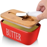 Large Butter Dish with Lid, Porcelain Butter Container with Knife Holds 2 Sticks of Butter with Double Silicone Seals design, Ceramic Butter Dish with Covers Perfect for East West Coast Butter,Red