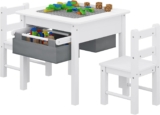 Lestarain Kids Table and 2 Chairs Set, with 2 Storage Boxes, Double-Sided Tabletop, Childrens Table and Chairs, Wooden Play Activity Desk Set for Building Blocks, White Grey
