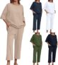 Linen Co Ord Sets for Women Casual 3/4 Sleeve Loose Fit Top and Cropped Trousers with Pockets Two Piece Outfit, Lightweight Breathable Lounge Wear Set for Summer Daily Vacation Beach