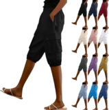 Linen Shorts Women UK Summer Knee Length Cargo Cropped Trousers Multiple Pockets Hiking Work Capri Pants Breathable Holiday Beach Casual Daily Wear