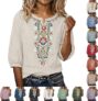 Linen Tops for Women UK 3/4 Sleeve Embroidered T Shirt Oversized V Neck Boho Blouse Casual Baggy Tees Vintage Jacquard Tshirts Fashion Summer Holiday Beach Wear