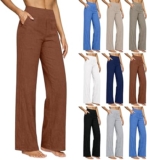 Linen Yoga Pants for Women 2026 Summer Elastic High Waist Straight Leg Trousers Plain Gym Workout Pants Ladies Baggy Comfy Soft Jogging Bottoms with Pocket
