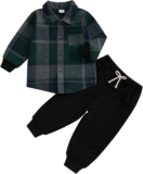 Loalirando Toddler Baby Boys Spring Fall Outfits Flannel Plaid Print Long Sleeve Button Down Shirt Jacket and Elastic Jogger Pants 2 Piece Tracksuit