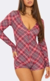Long Sleeve Pyjama Playsuit In Red Tartan Print, Size L