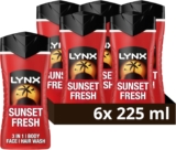 Lynx Sunset Fresh 3-in-1 Body Wash Mens Hair, Face and Body Cleanser with a mango & mandarin scent for all-day freshness 6x 225 ml