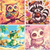 MEIYUDA DIY 4 Pack Paint by Numbers for Children with Frame Animal, Owl Paint by Numbers Kits Kids Ages 4-8-12, Arts and Crafts for Beginner Drawing Paintwork Wall Art 20x20cm