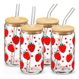 MHDCLY Set of 4, 16 Oz Glass Tumblers with Lids and Straws